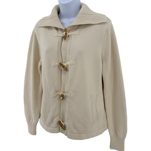 L.L.Bean Shawl Collar Toggle Cardigan Womens M Heavy Cotton Knit Cream - Picture 2 of 10